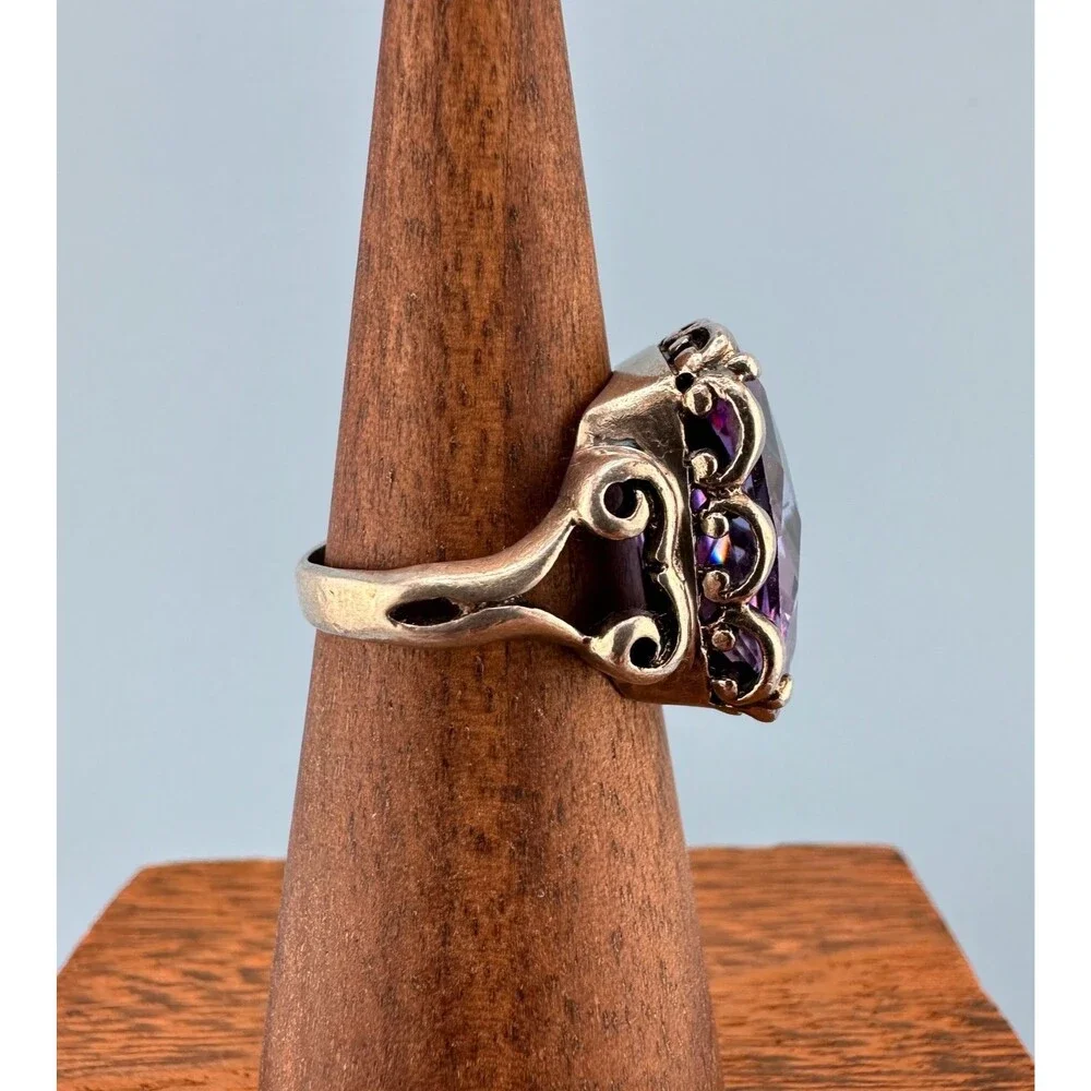 Vintage Sterling Silver Purple Stone Ring Simulated Spinel Large Faceted 6.5